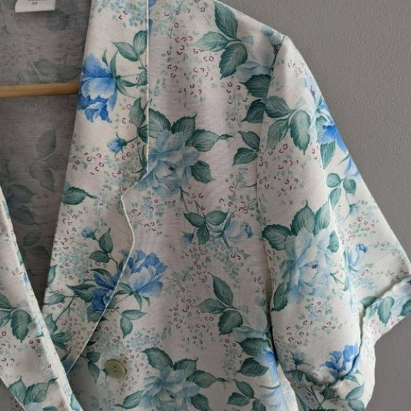 VINTAGE Linen blend floral summer short sleeve blazer flax blend - Picture 4 of 7